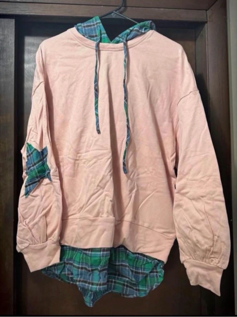 Fantastic Fawn Pink Hoodie with Green-Blue Plaid Trim